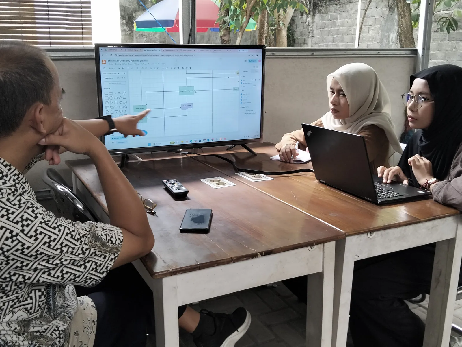 Pembimbing menunjuk diagram alur di layar monitor bersama dua peserta